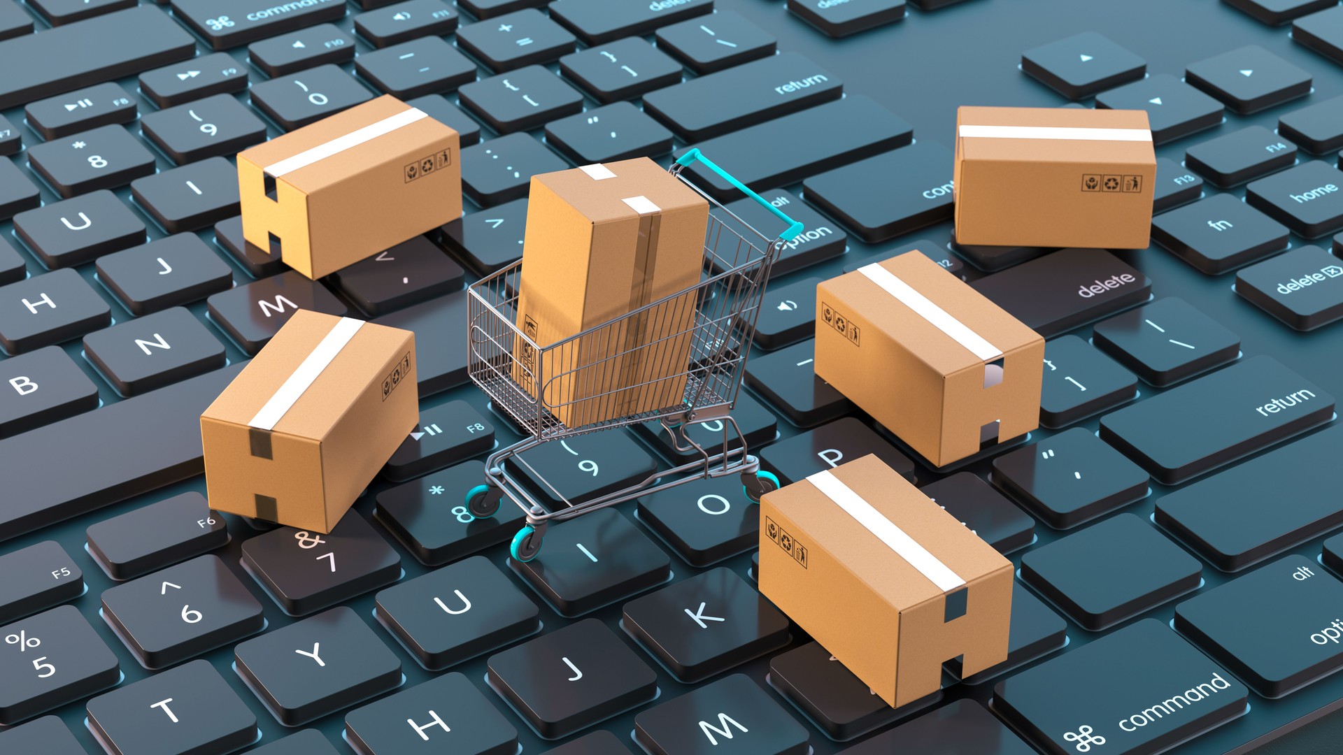 3D render of online shopping concept, miniature shopping cart, cardboard boxes, computer keyboard, digital marketplace, product delivery, parcel packaging, e-commerce symbolism, close-up view, modern commerce, hyper-detailed, 8K resolution.