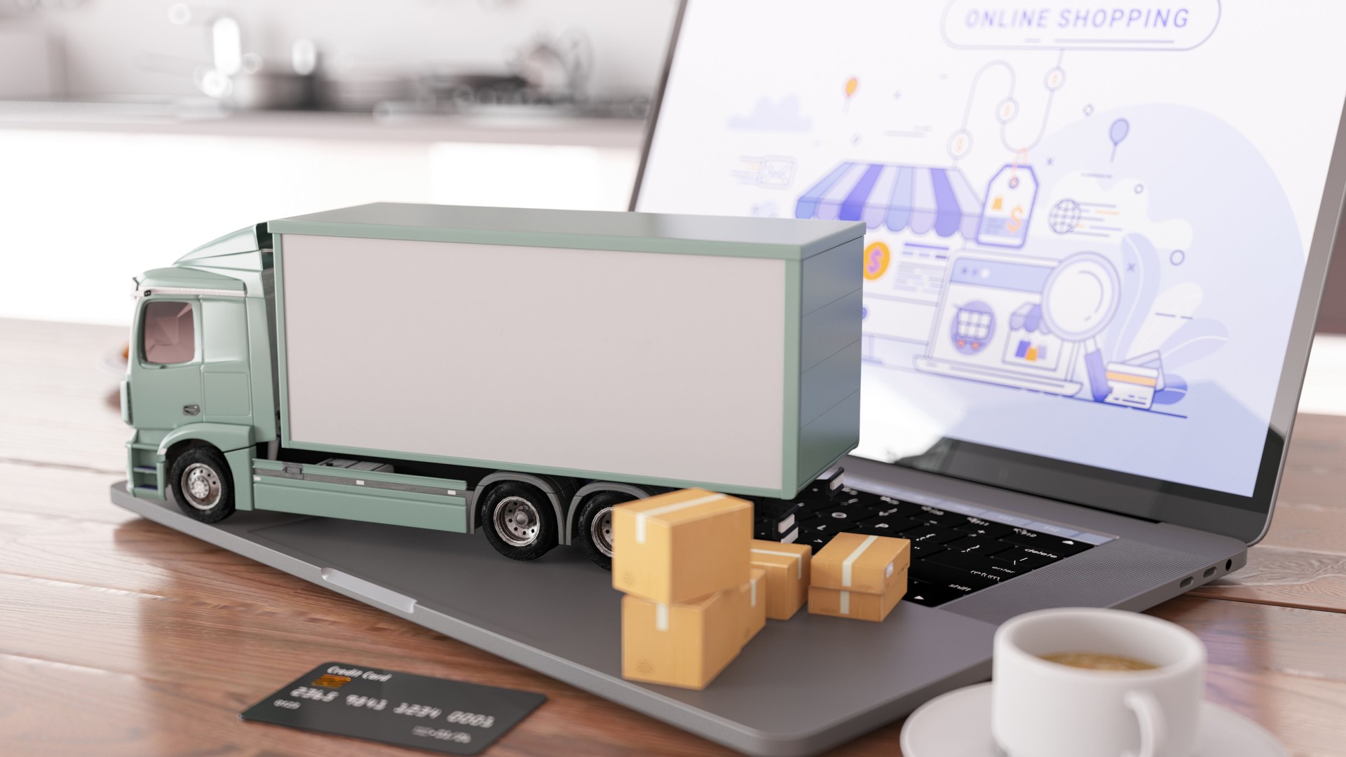Logistics, Supply Chain and Delivery Service Concept. Delivery Truck and Shipping Boxes on a Laptop. E-Commerce Concept